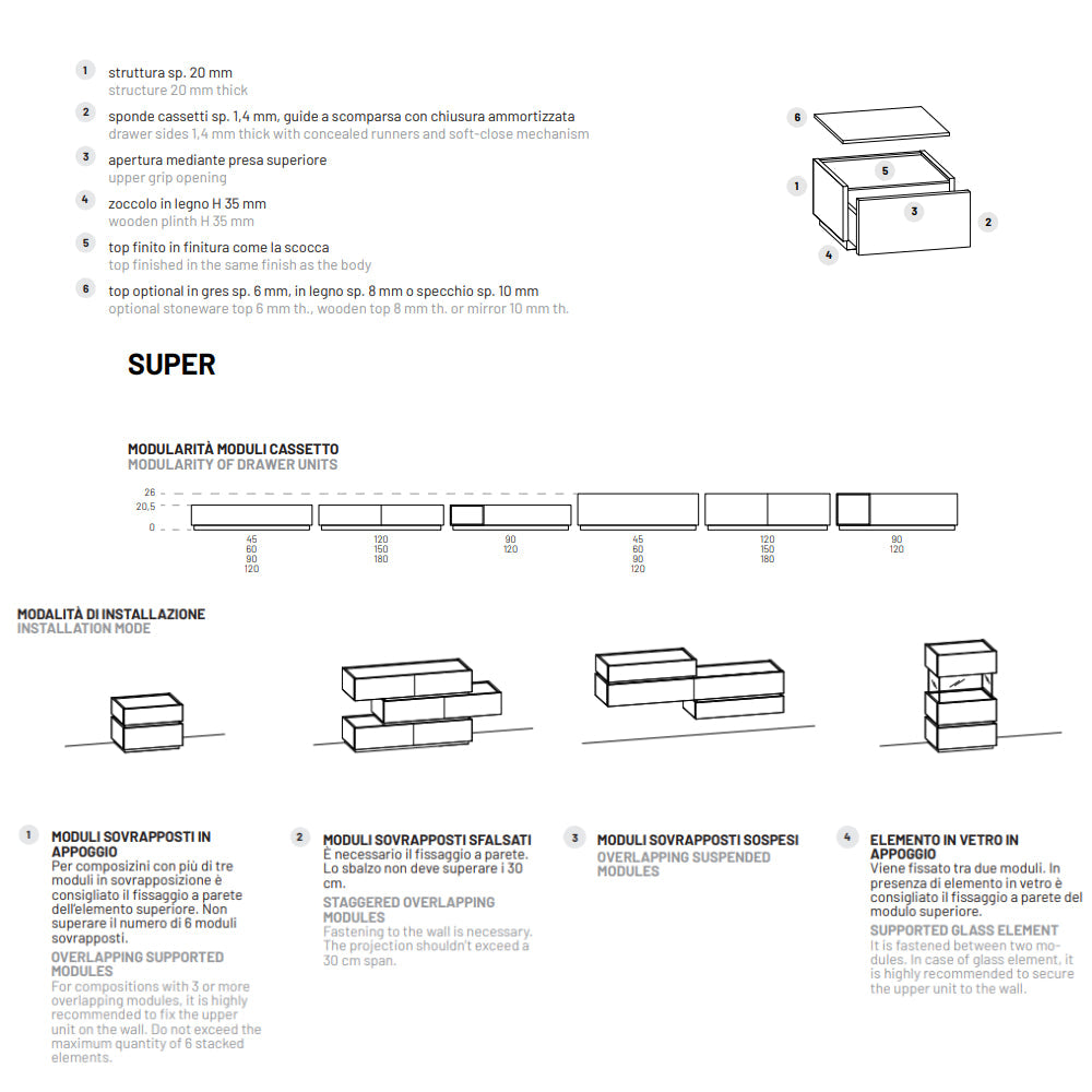 Super 2 drawer nightstand with inserts by Dall'Agnese